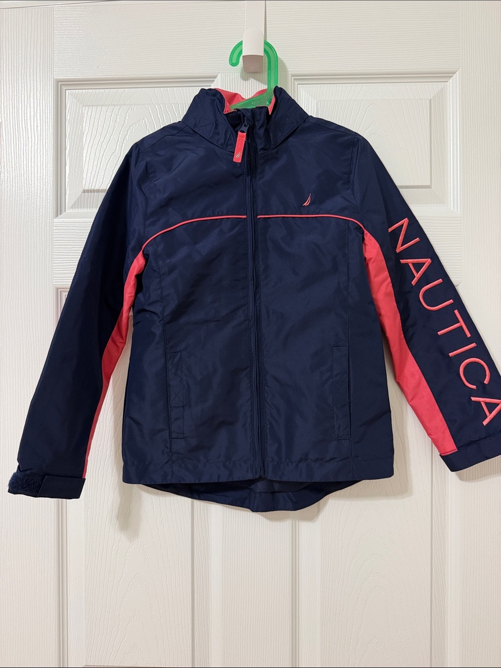 Nautica Girls Windbreaker Rain Jacket Size 7 Navy Coral Hidden Hood NWOT